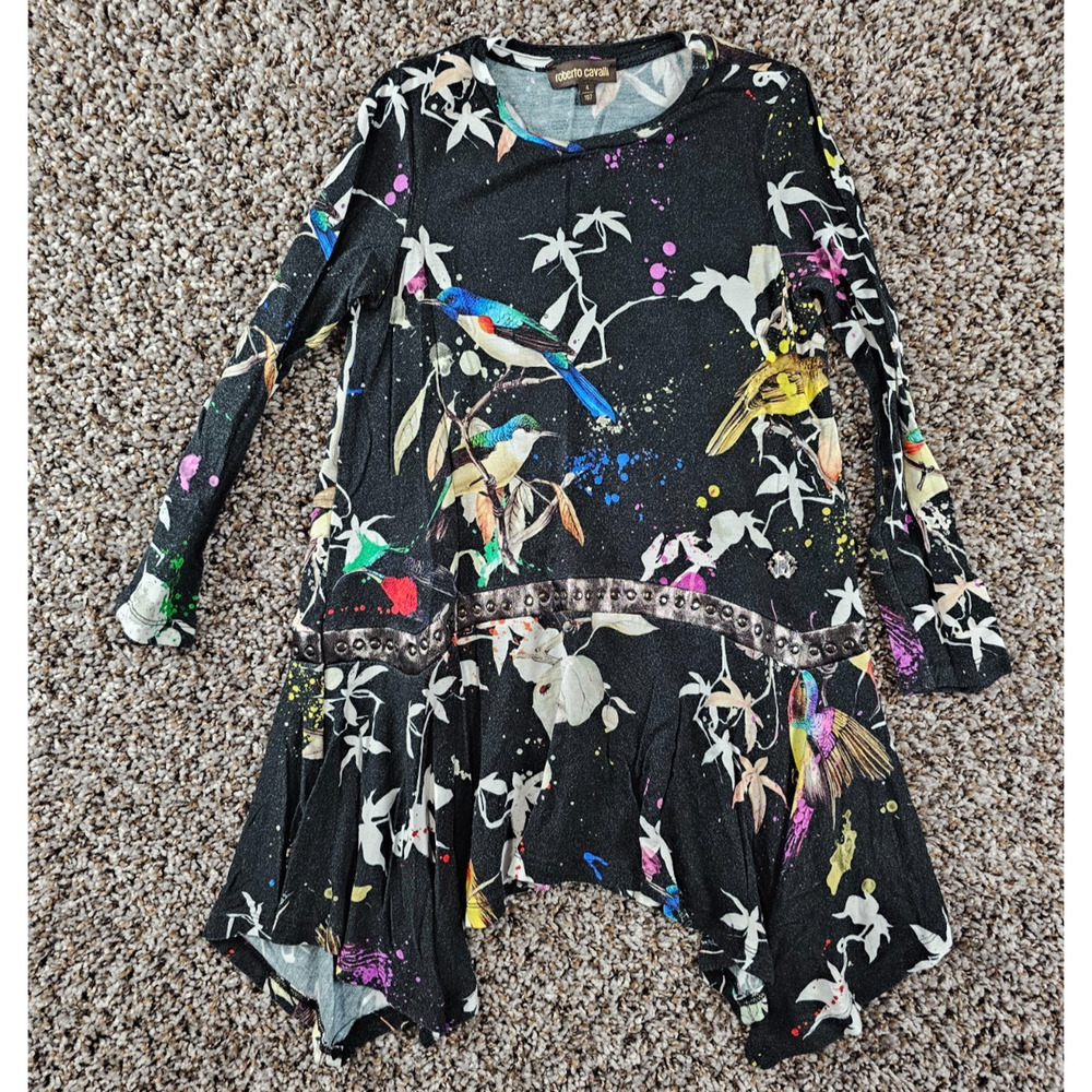 Roberto Cavalli Girls Sz 4 Long Sleeve Tunic Dress Black Floral Bird Print Vtg